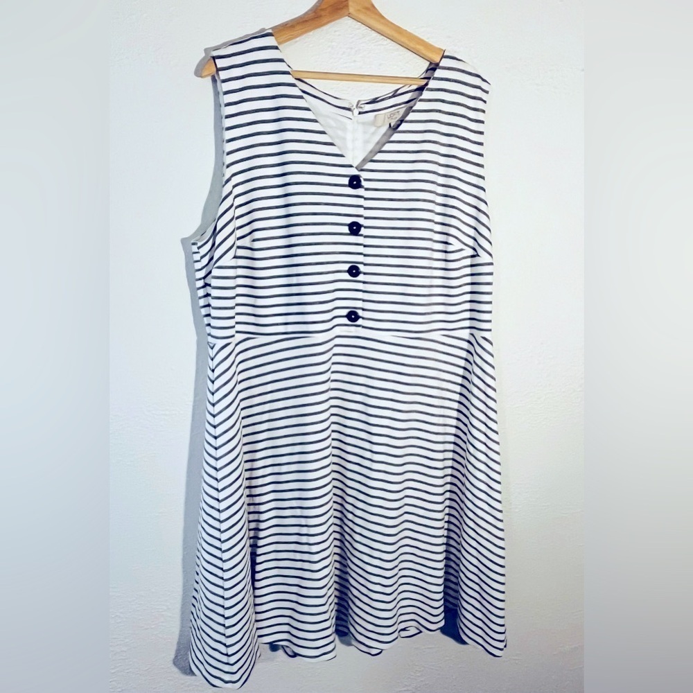 Loft  Plus Size 22 Black Striped A Line Sleeveless V Neck Stretch Dress - Picture 3 of 6